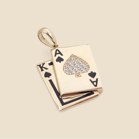 14k Solid Yellow Gold Ace & King Pendant | Playing Card charm | Birthday Gift | - Picture 1 of 6